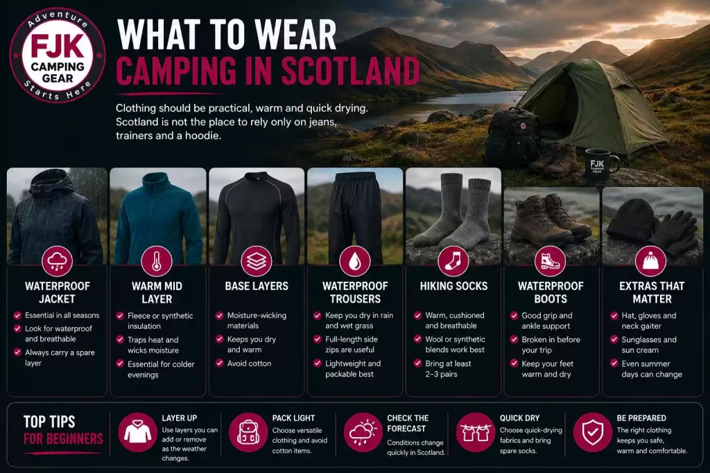 What to wear camping in Scotland with waterproof jacket, boots, layers and warm clothing