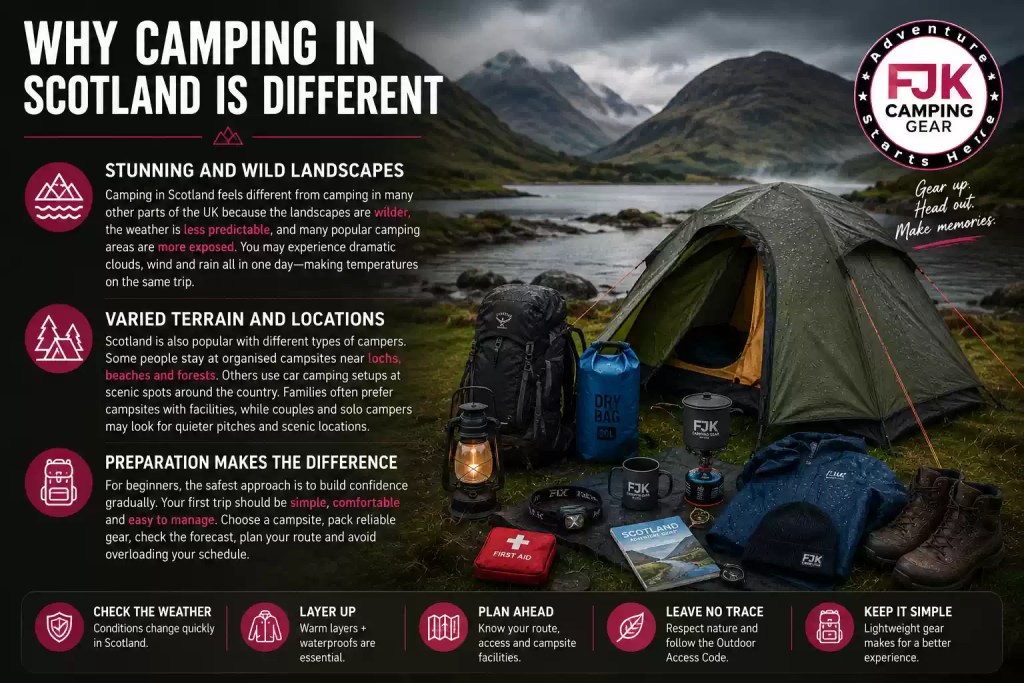 Waterproof tent and camping gear beside a misty Scottish loch in changing weather