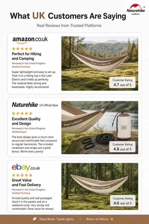FJK Camping Gear Naturehike sleeping bag review infographic showing star ratings from Amazon, Reddit, Google, and Decathlon with customer feedback on warmth and comfort.