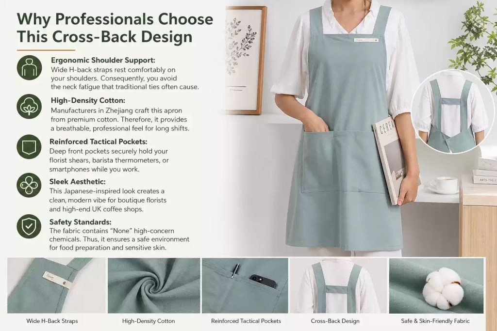 professional cross-back apron featuring ergonomic H-back straps, high-density cotton, and reinforced tactical pockets for baristas and florists.