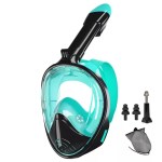 FJK Swimwear full face snorkel mask in black and teal with detachable camera mount, ear plugs and mesh carry bag included