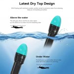 Diagram showing how the dry top snorkel valve opens above water to allow airflow and closes underwater to prevent water entering the breathing tube