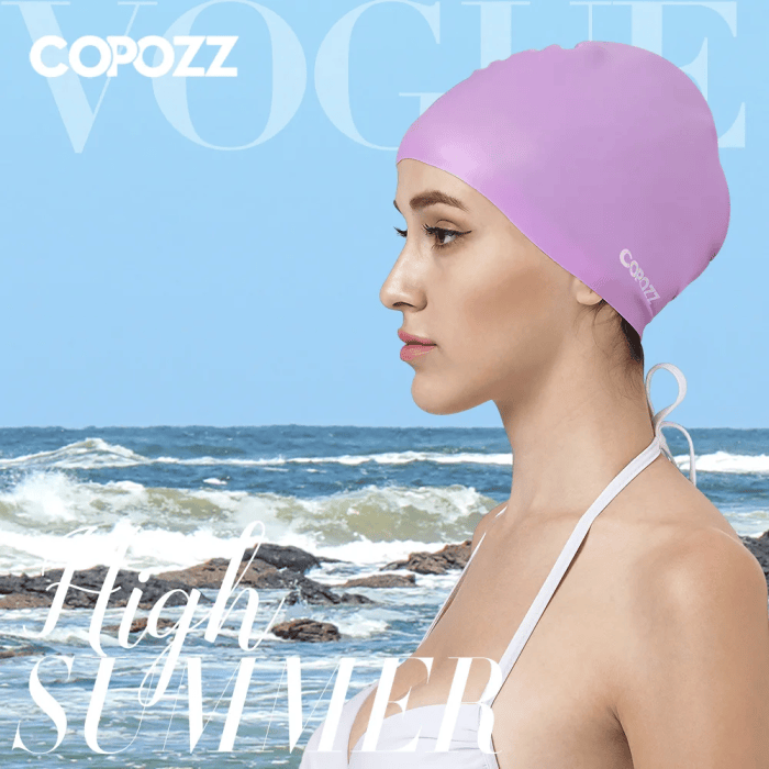 Woman wearing purple large silicone swim cap