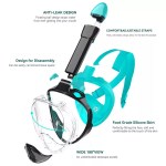 Exploded view of a full face snorkel mask showing anti-leak floating ball valve, food grade silicone face skirt, adjustable elastic straps and wide 180 degree panoramic lens