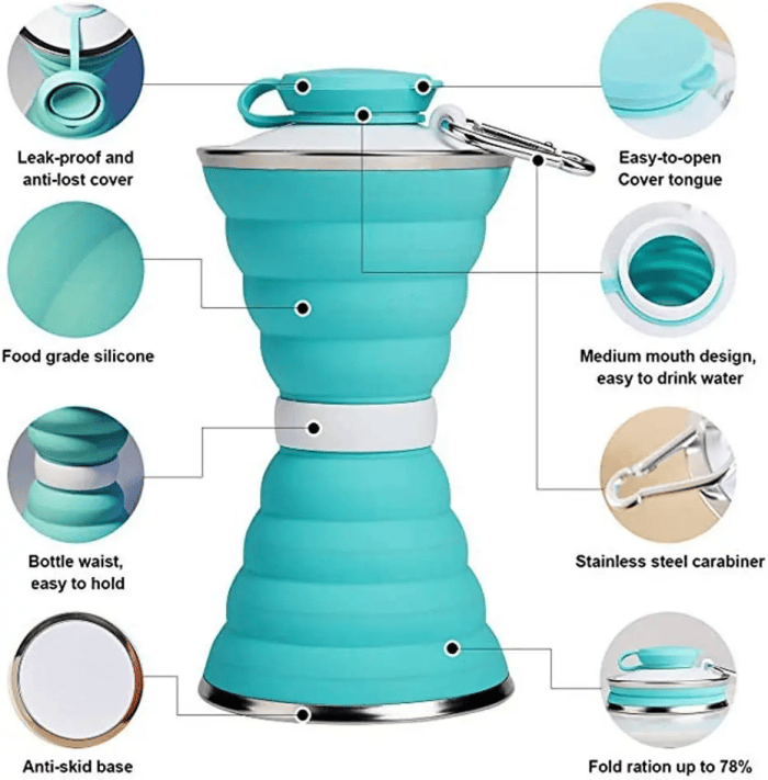 Collapsible Silicone Water Bottle Features 500ml foldable silicone water bottle features infographic