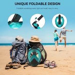 Foldable full face snorkel mask resting against a backpack on a sandy beach showing the detachable snorkel tube and compact folded design for easy travel