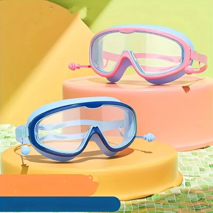 Wide view swimming goggles with earplugs