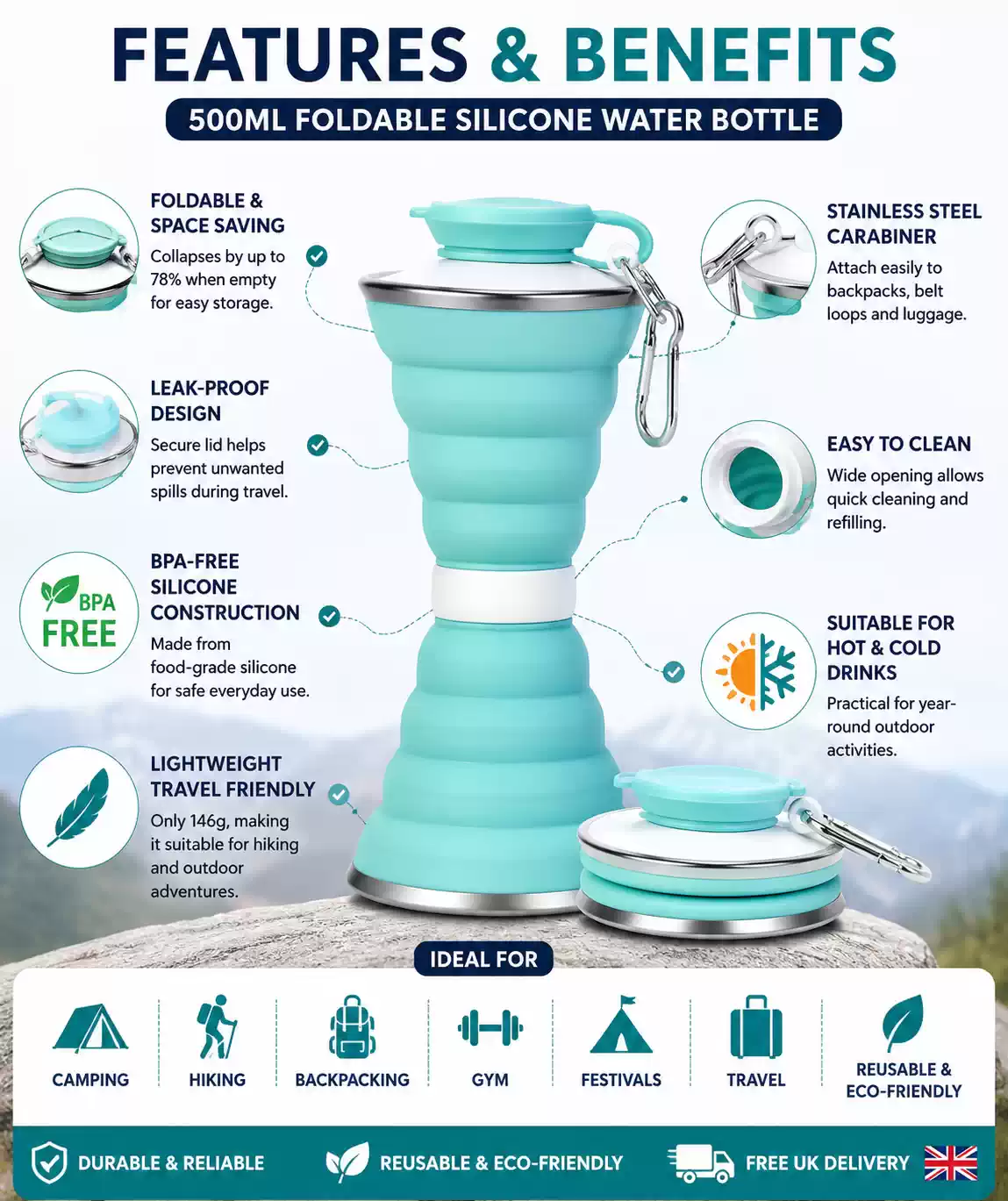 500ml foldable silicone water bottle infographic