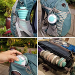 Foldable silicone water bottle attached to a backpack for hiking and camping adventures.