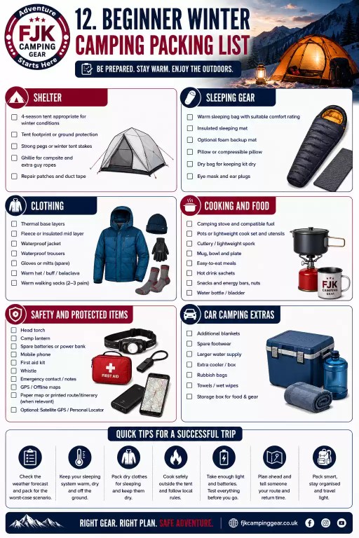 Winter camping checklist for beginners covering shelter, sleeping gear, clothing, lighting and safety items