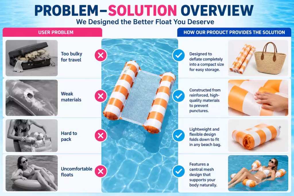 **Short ALT Text:** Inflatable mesh pool float showing travel-friendly, durable, and comfortable design benefits.