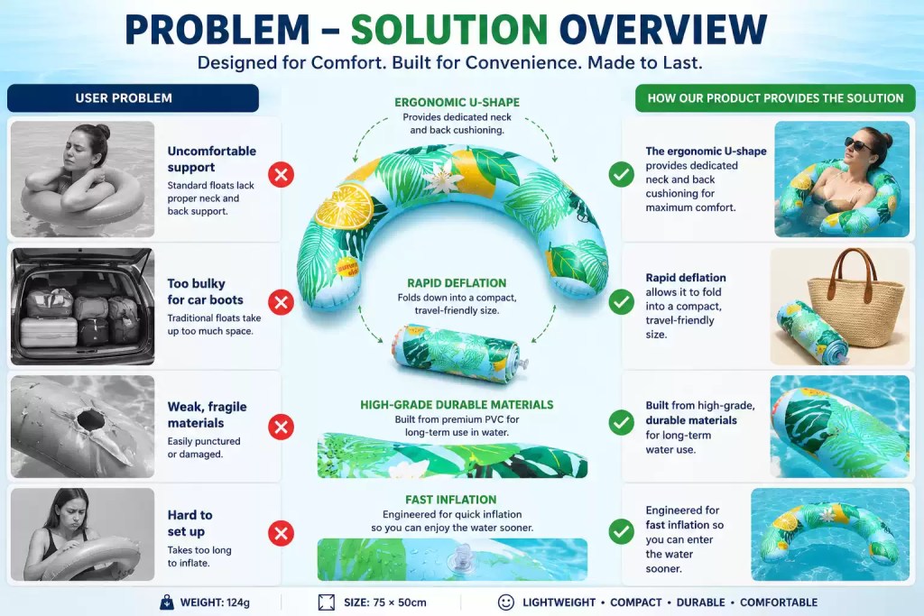 Infographic showing how a U-shaped inflatable swim ring solves comfort, portability, durability, and fast-inflation challenges.
