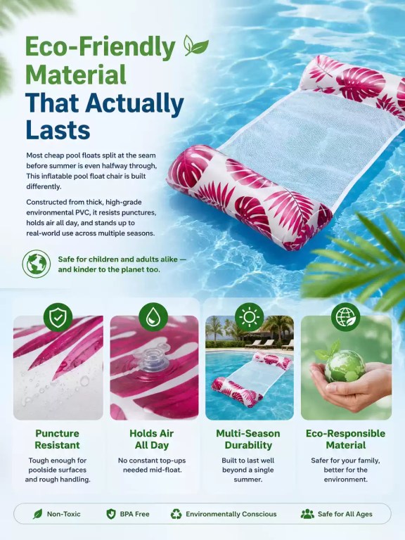 Infographic highlighting eco-friendly, puncture-resistant, and family-safe PVC pool hammock.
