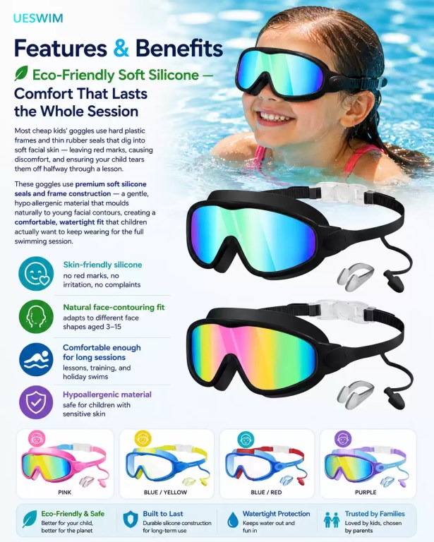 Kids' silicone swim goggles with soft, comfortable, watertight fit.
