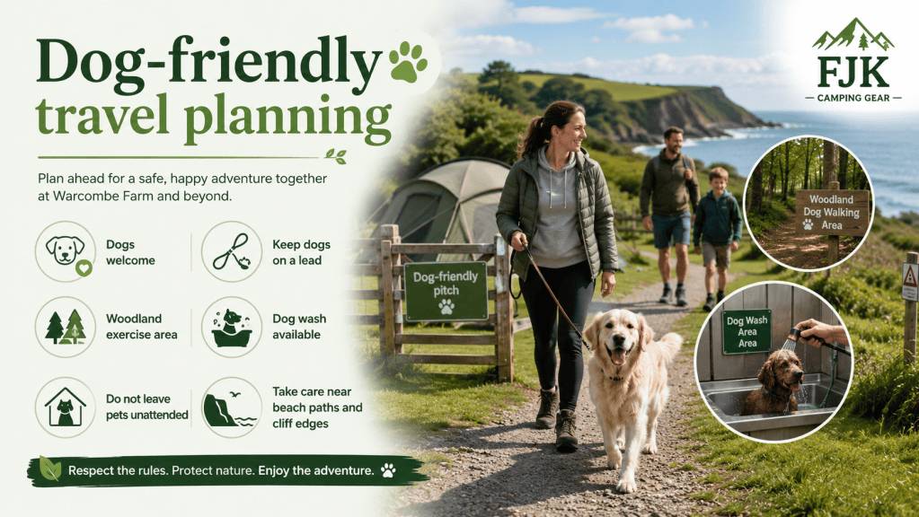 Dog-friendly travel planning at Warcombe Farm, showing a camper walking a dog on a lead, coastal campsite scenery, woodland dog walking area, dog wash facility, and FJK Camping Gear branding.