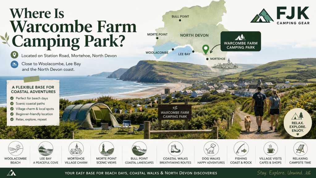 Illustrated travel guide image showing Warcombe Farm Camping Park’s location in North Devon, with a coastal map, Woolacombe beach scenery, campsite tent, walkers with a dog, nearby attractions, and FJK Camping Gear branding.