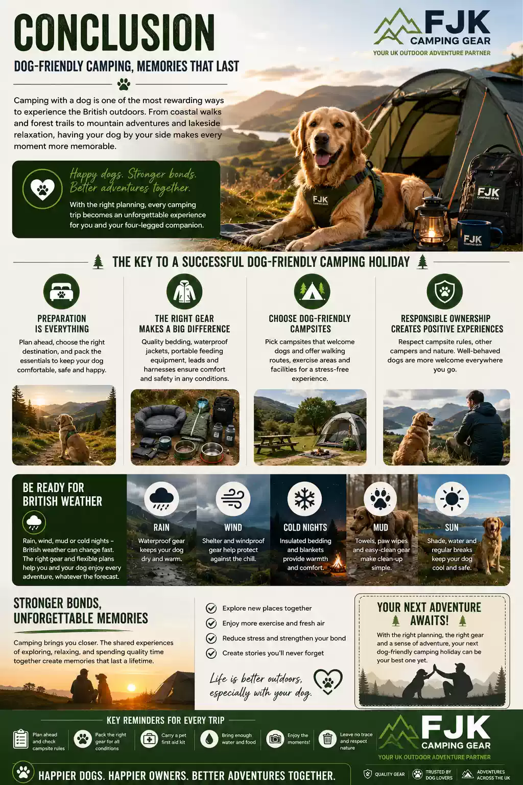 Dog-friendly camping conclusion infographic featuring camping gear essentials, UK outdoor adventures and FJK Camping Gear logo