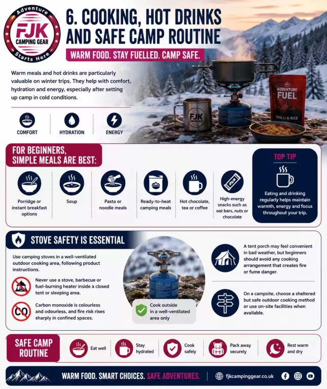 Safe winter campsite cooking setup with hot drinks, simple meals and outdoor stove safety advice