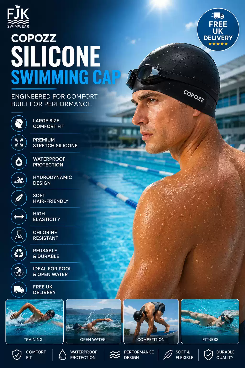 Black silicone swimming cap with waterproof comfort fit for pool and open water swimming