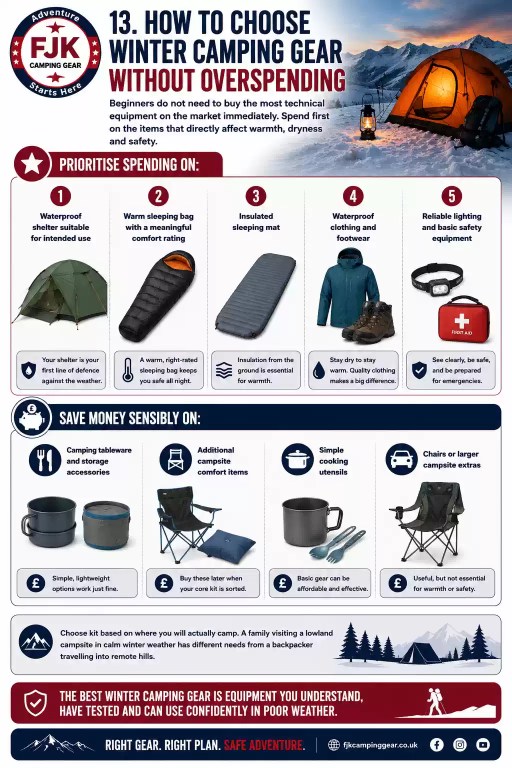 Affordable winter camping gear priorities including tent, sleeping bag, insulated mat and waterproof clothing
