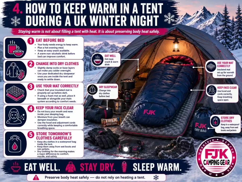 Winter tent warmth tips including dry sleepwear, insulated mat, warm food and protected dry clothing