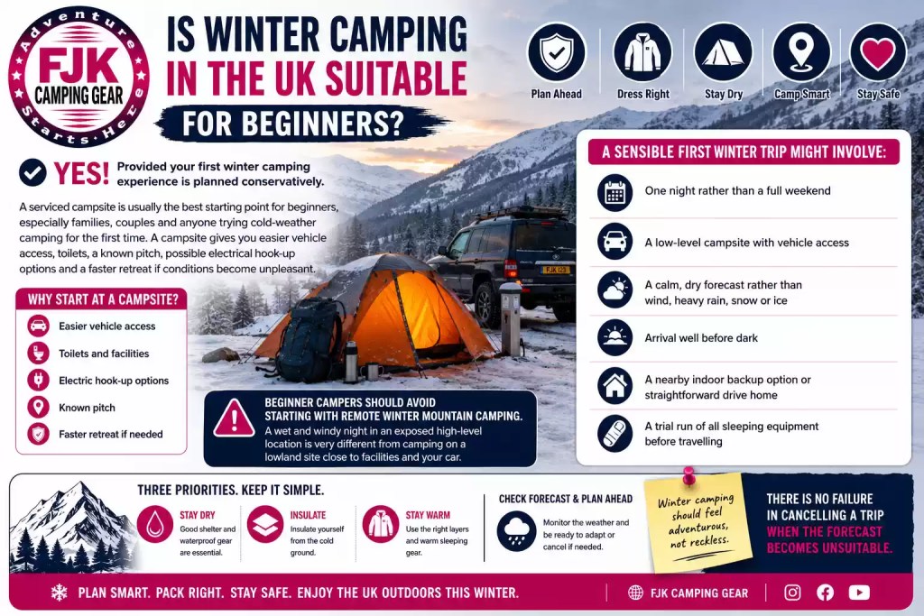 Beginner winter camping advice showing a managed campsite, vehicle access and safe first-trip planning
