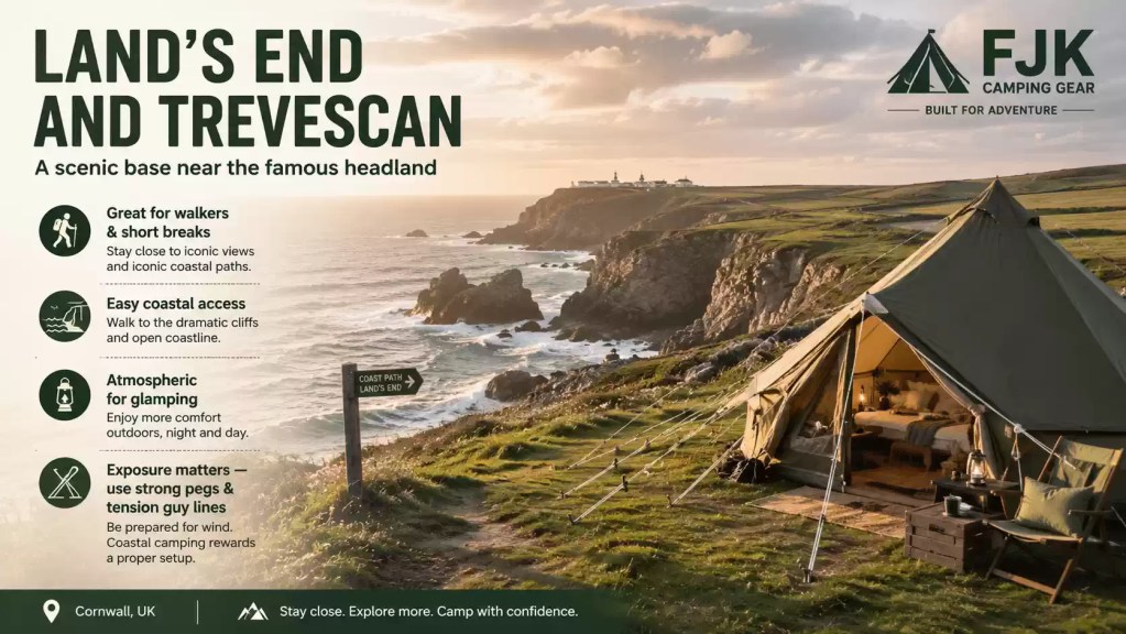 Land’s End and Trevescan camping image showing coastal cliffs, glamping tent, walking access and exposed Cornish coastline.