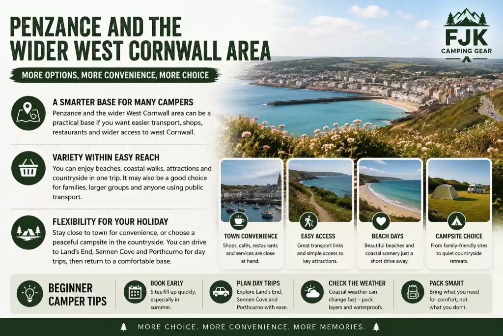 Penzance and West Cornwall camping guide image showing coastal town convenience, beaches, countryside campsites and travel options.