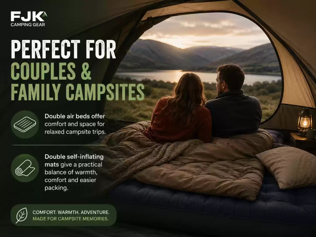 Couple relaxing inside a tent on a comfortable campsite sleep setup, highlighting air beds and self-inflating mats for couples and family camping with FJK Camping Gear branding.