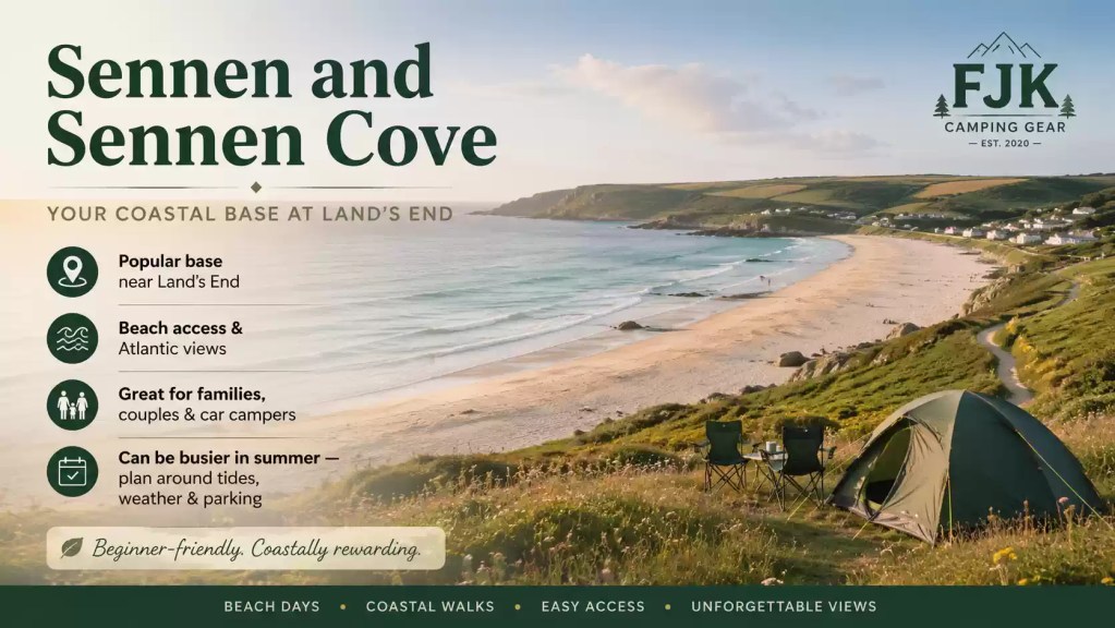 Sennen Cove camping guide image with sandy beach, Atlantic views, coastal path, tent and FJK Camping Gear branding.