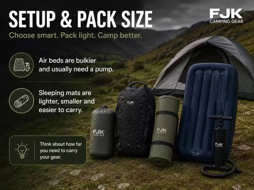 Camping air bed, rolled sleeping mat, backpack and pump beside a tent in the hills, showing setup and pack size differences for UK camping with FJK Camping Gear branding.