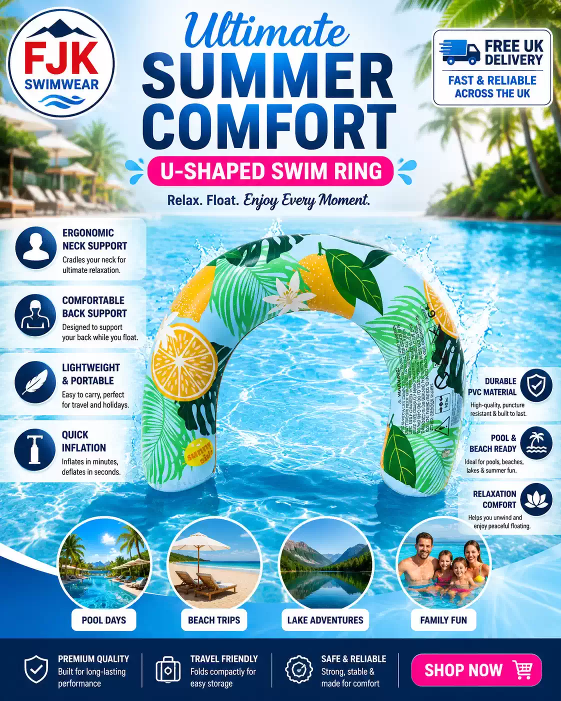 U-shaped inflatable swim ring for pool comfort