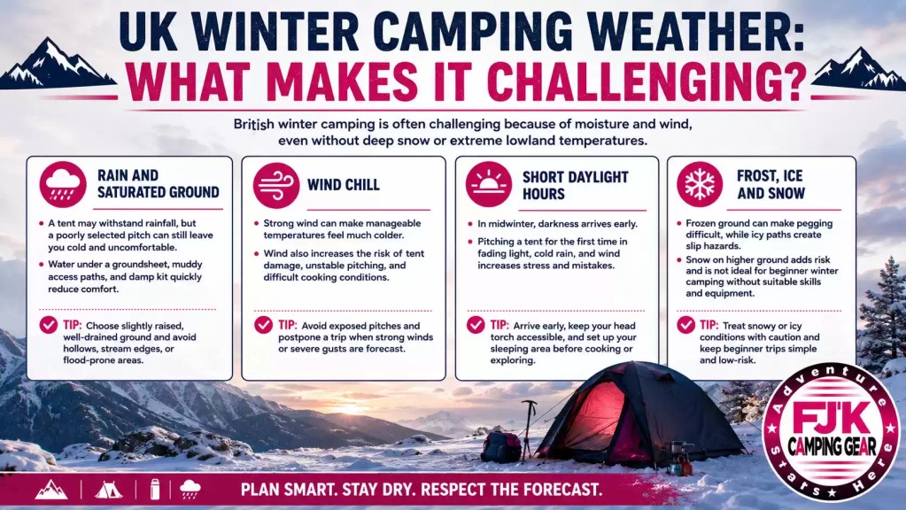 UK winter camping weather challenges including rain, wind chill, short daylight hours, frost and snow