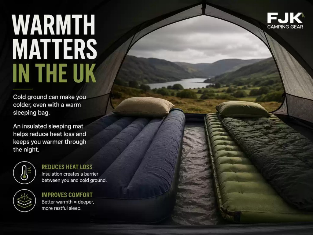 Air bed and insulated sleeping mat inside a tent overlooking a UK lake landscape, comparing camping warmth and ground insulation with FJK Camping Gear branding.