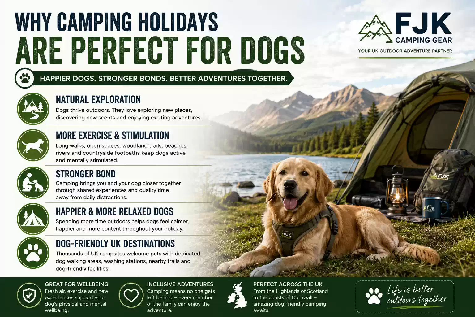 Dog-friendly camping infographic showing benefits of camping holidays for dogs at a UK campsite with FJK Camping Gear branding