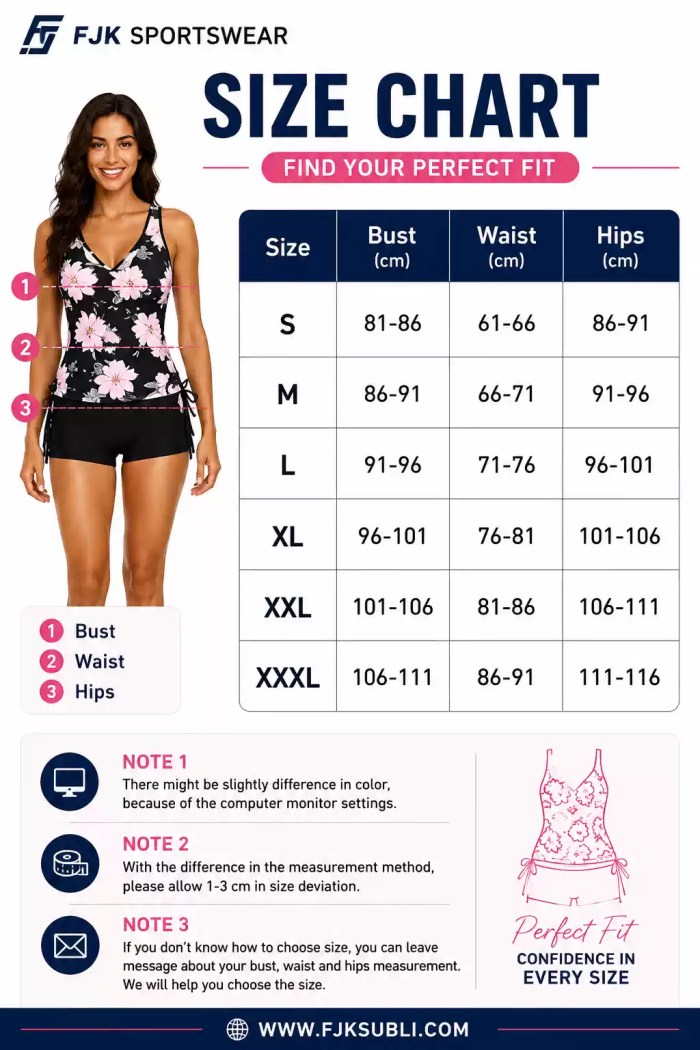 Women's tankini size chart with bust, waist and hip measurements in cm for sizes S to XXXL.