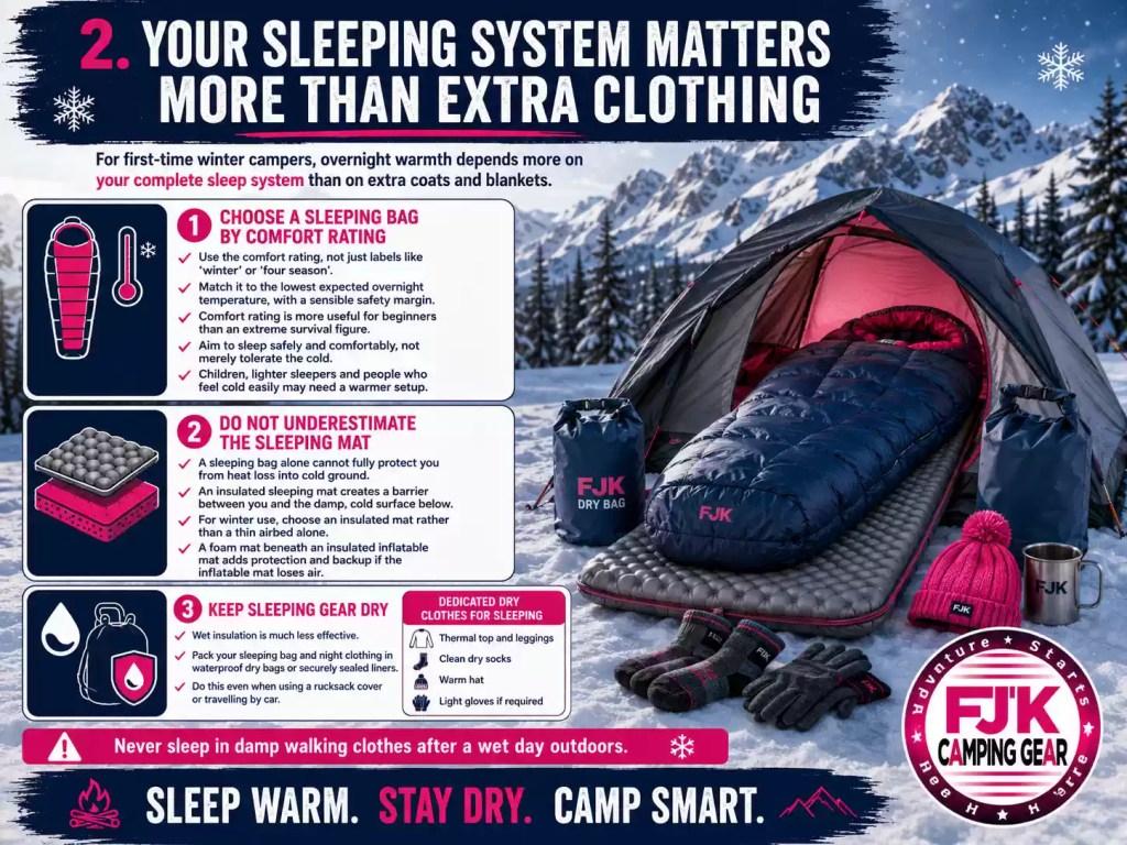 Winter camping sleep system with insulated mat, warm sleeping bag, dry clothing and waterproof storage