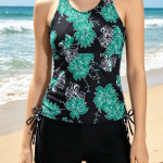 Green floral drawstring tankini with black high waist swim shorts for women.