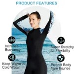 Women's one-piece 3mm neoprene diving suit showing thermal insulation, flexible fit and diving features.