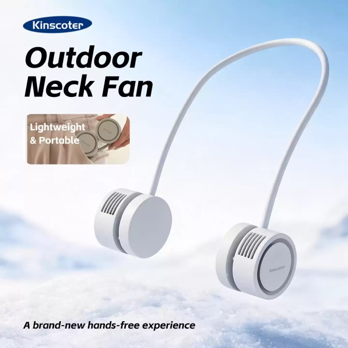 FJK Camping Gear outdoor neck fan featuring a lightweight, portable, hands-free cooling design with dual white turbine units against a snowy background.