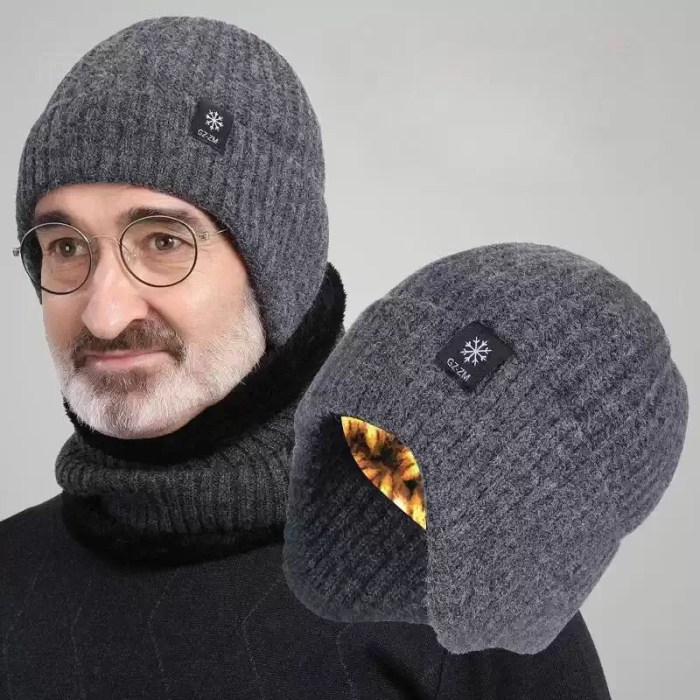 Men's Thick Knit Winter Beanie with Ear Flaps and Neck Warmer - Dark Grey Variant Dark grey ribbed knit winter beanie hat with integrated ear flaps, worn with a matching neck warmer, shown alongside an angled view revealing the warm inner lining