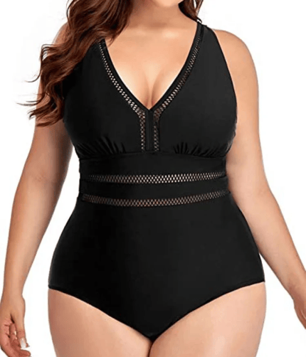 Women's black plus size one-piece tankini swimsuit with V-neck, tummy control mesh panel and quick-dry fabric.