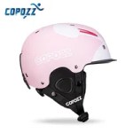 Pink kids ski helmet with padded ear covers and adjustable chin strap