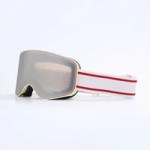 Silver mirrored ski goggles with a light frame and adjustable strap
