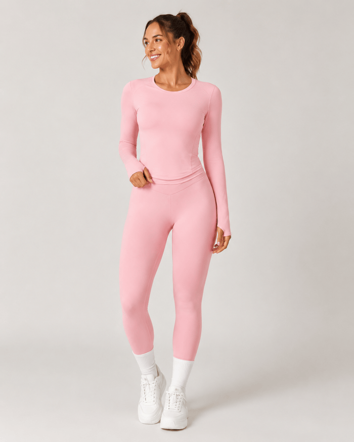 Pink 3-Piece Yoga Workout Set Women’s pink zip jacket, sports top and high-waisted leggings workout set