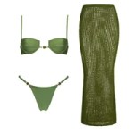 Women's green diamond push up bikini with matching beach skirt and quick-dry stretch fabric.