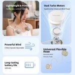 FJK Camping Gear portable outdoor neck fan feature breakdown highlighting lightweight and portable hands-free cooling, dual turbo motors, 3 adjustable wind speeds, a 1600mAh long-lasting battery life, and a universal flexible hose.