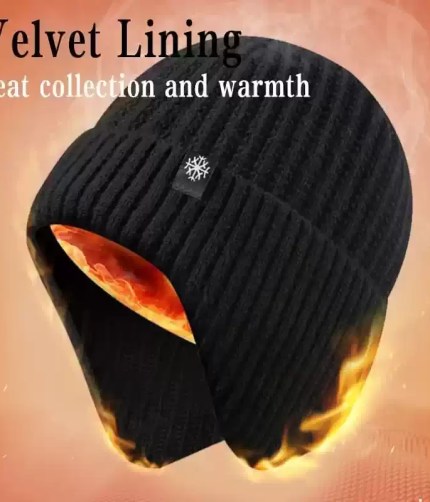Black winter knit beanie featuring a soft velvet and plush lining designed for heat collection and warmth