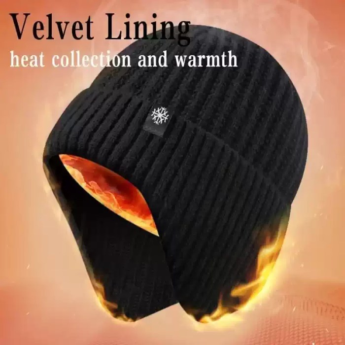 Velvet Lining Extra Warmth Beanie Black winter knit beanie featuring a soft velvet and plush lining designed for heat collection and warmth