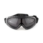 Black ski goggles with dark smoke lens and adjustable strap